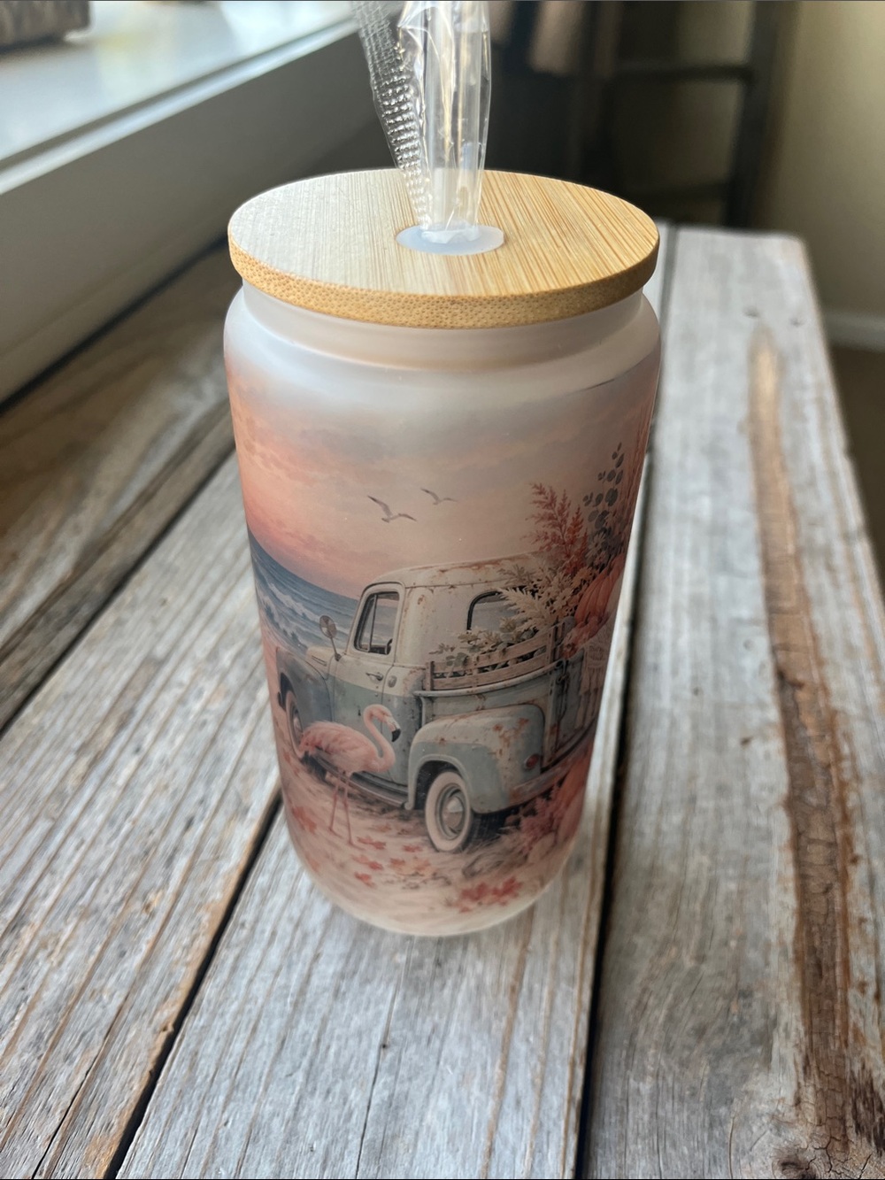 Fall Flamingo Beach 16oz Frosted Glass Cup